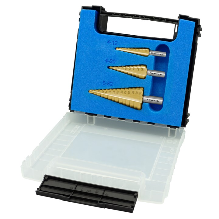 3 Piece Set, Step Drills CBN Ground Tin-Gold Coated, 2 Cutting edges, Straight fluted with split point