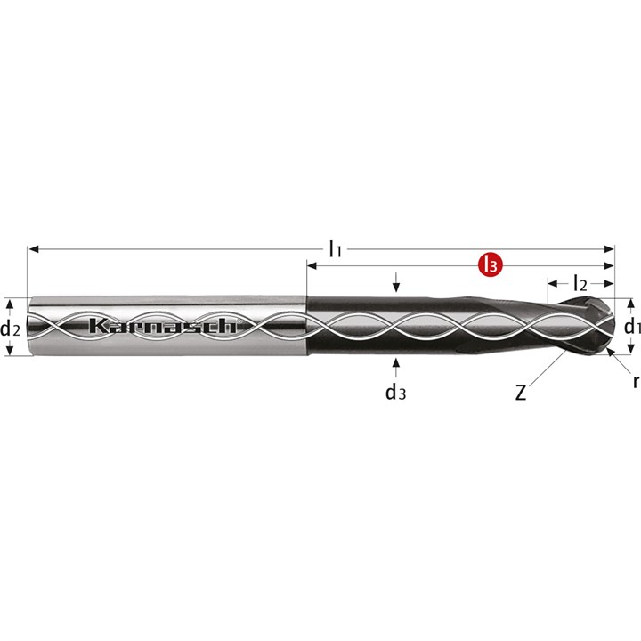Solid Carbide Ball Nose End Mill, Internal Cooling, Extra Long