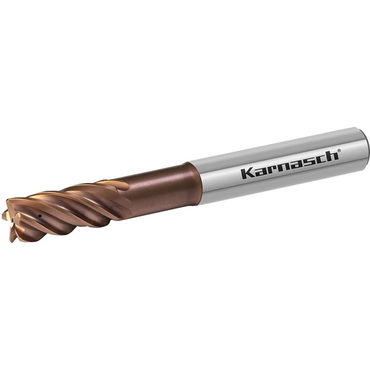 Solid carbide end mill with corner radius for trochoidal milling in inox and exotic materials, with interior cooling supply