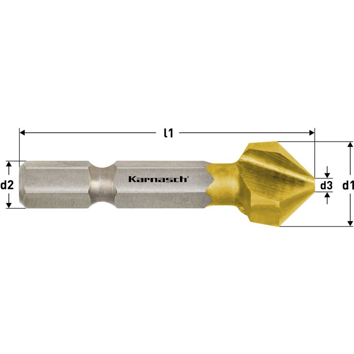 HSS-XE + TiN beschichteter Kegelsenker, Ungleichteilung, DIN 335 Form C 90° mit Bitaufnahme „lang“