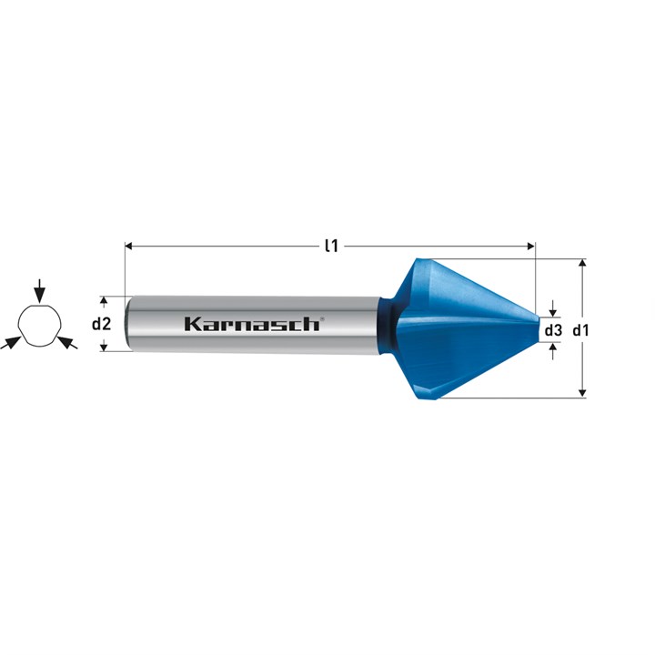 HSS-XE + BLUE-TEC beschichteter Kegel- und Entgratsenker DIN 334 Form C 60 Grad, 3-Flächen-Schaft