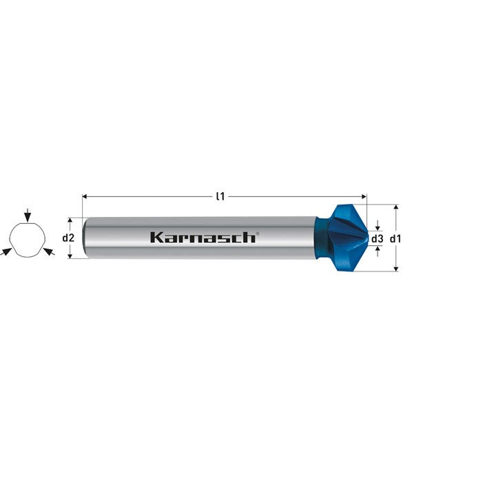 HSS-XE + BLUE-TEC beschichteter Kegel-und Entgratsenker Werksnorm Form C 120 Grad, 3-Flächen-Schaft