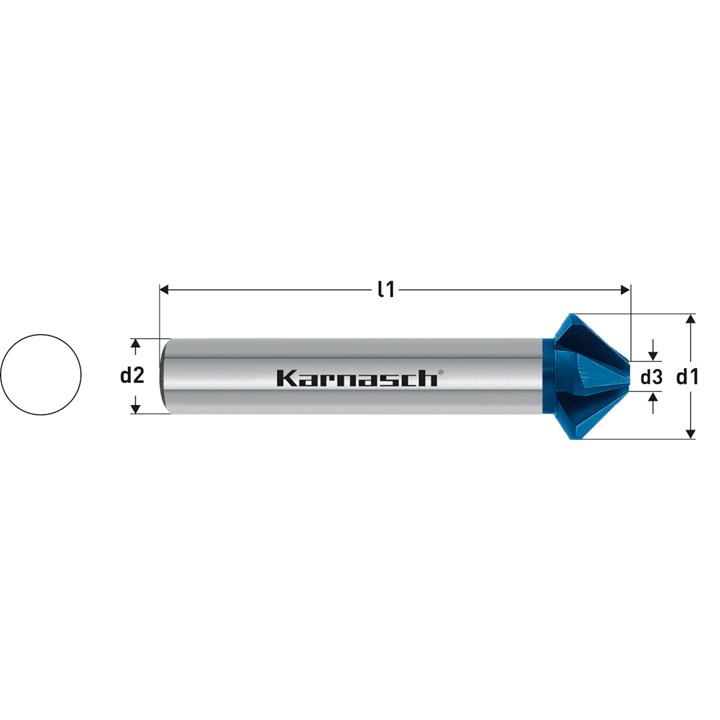 Vollhartmetall + BLUE-TEC beschichteter Kegelsenker Karnasch Norm Typ H, 4 + 5 Schneiden 90 Grad