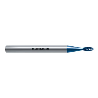 D1= 1.5mm D2= 3mm L1= 38mm L2= 4mm Tropfen, TRE, E, SE BLUE-TEC-beschichtet Mini-Frässtift, Universalverzahnung