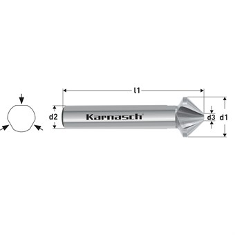 HSS-XE Countersink, DIN 335, Type C, 100 Degree, 3 Flat Sided Shank, Unequal Pitch