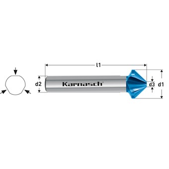 HSS-XE Blue-tec Coated Countersink, DIN 335, Type C, 100 Degree, 3 Flat Sided Shank, Unequal Pitch