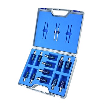 12 Piece Set, Blue-Drill Line, HSS-XE Durablue Coated Annular Cutters, Drill Depth 40mm, Fein Quick-In Shank 18mm