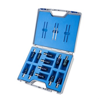 12 Piece Set, Blue-Drill Line, HSS-XE Durablue Coated Annular Cutters, Drill Depth 40mm, Fein Quick-In Shank 18mm