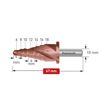 HSS-XE Titan-Tec Coated step drill for guardrail assembly, 6-18mm, Spiral fluted with split point, 2 cutting edges