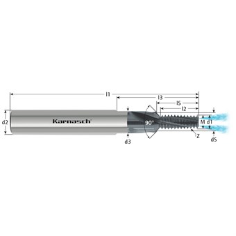 2,5xD Solid Carbide Thread Mill with Countersink, Internal Cooling, Variable Pitch