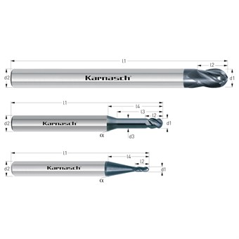 Solid Carbide 3D Ball Nose End Mills, for Titanium, 4 Cutting Edges, Centre Cutting